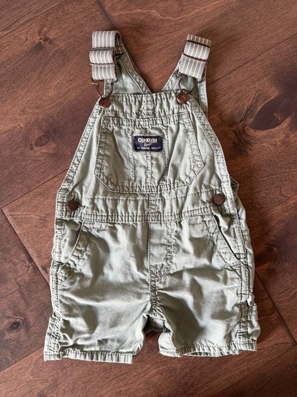 OshKosh B'gosh Trio of Toddler Short Overalls in Green, Navy and Tan